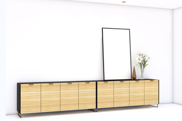 Minimalist credenza  with frame mock up on the wall. Design 3d rendering of white and  wood veneer....