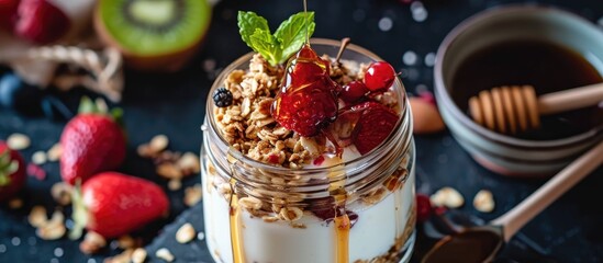 Yogurt and oat granola with fruits in a jar, drizzled with honey by hand.