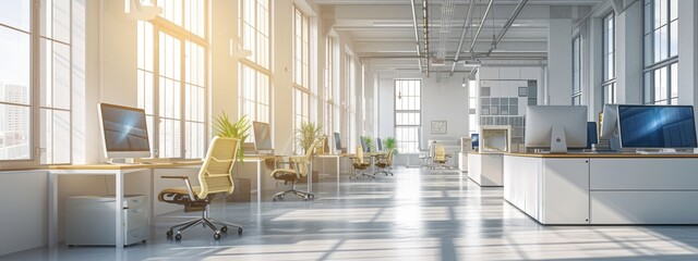 Sunlit modern corporate office Panoramic skyline view, open space design, elegant interiors, and contemporary furniture, symbolizing business growth & innovation