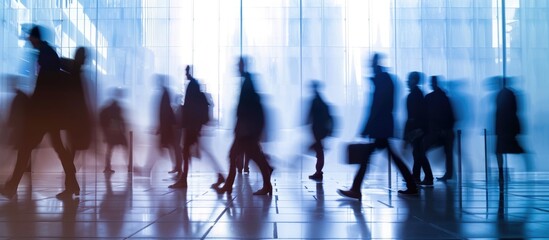 Group of individuals. Modern buildings in background. Motion blur. Silhouette.
