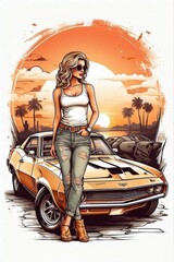vector t-shirt design of a Woman and a retro Car in a vintage retro sunset distressed design. Digital art/illustration