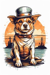 vector t-shirt design of a cute dog in vintage retro sunset distressed design