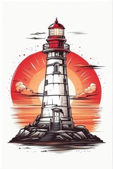 vector t-shirt design of a red and white lighthouse in a vintage retro sunset distressed design. Digital art/illustration