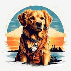 vector t-shirt design of a cute golden retriever dog in a vintage retro sunset distressed design. Digital art/illustration