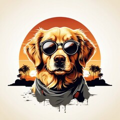 vector t-shirt design of a cute golden retriever dog in a vintage retro sunset distressed design. Digital art/illustration