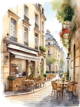 A cozy charming depiction of a typical Parisian street with cobblestone paths, outdoor cafes in watercolor painting