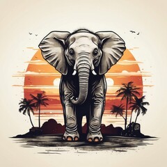 vector t-shirt design of a elephant in jungle in a vintage retro sunset distressed design. Digital art/illustration