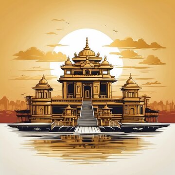 vector t-shirt design of a golden temple in a vintage retro sunset distressed design. Digital art/illustration