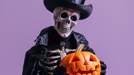Spooky Skeleton Costume and Halloween Pumpkin,Person dressed in a skeleton costume holding a jack-o'-lantern, ready for a festive and spooky Halloween celebration.