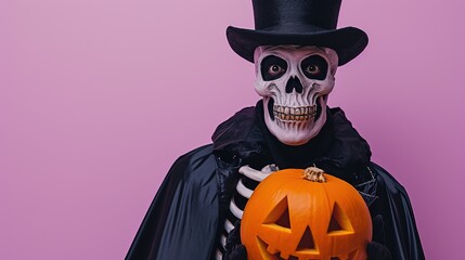 Spooky Skeleton Costume and Halloween Pumpkin,Person dressed in a skeleton costume holding a jack-o'-lantern, ready for a festive and spooky Halloween celebration.