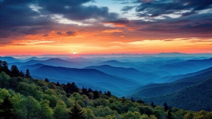 Beautiful sunrise over the mountain ridge. Colorful summer landscape. Generative AI