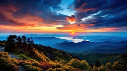 Fototapeta na wymiar Colorful autumn landscape in the mountains. Sunrise over the valley. Generative AI