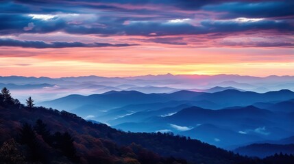 Naklejka na ściany i meble Mountain landscape at sunset. Panoramic view of the mountains. Generative AI