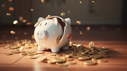 A ceramic piggy bank that's neatly cracked open, two separate piles of coins on either side, photo, realistic.