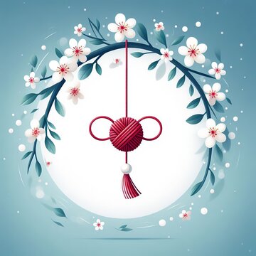 Wreath of cherry blossoms and red thread on blue background. Martisor symbol of spring.