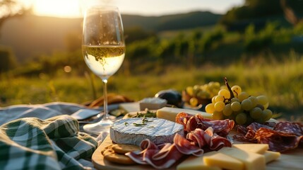 Picnic with white wine served outside with cheese and charcuterie, sunset light