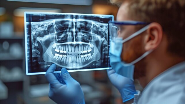 A dentist examines an x-ray of his teeth.