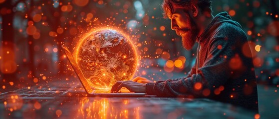 Hacker utilising laptop with imaginative bright globe hologram against hazy backdrop. Concepts of global networks, hackers, maps, and metaverse