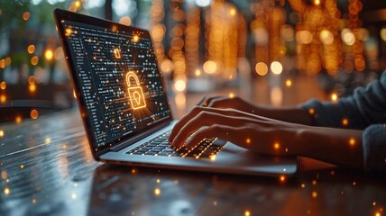 Hacker sitting at desk, creatively utilising a spherical digital padlock interface on a fuzzy background with a laptop. concepts of data protection, safety, security, and hacking.