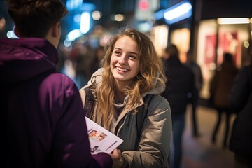 Person making distribution of advertising flyers in a street in the center of the city. girl promoter spreading ads - obrazy, fototapety, plakaty
