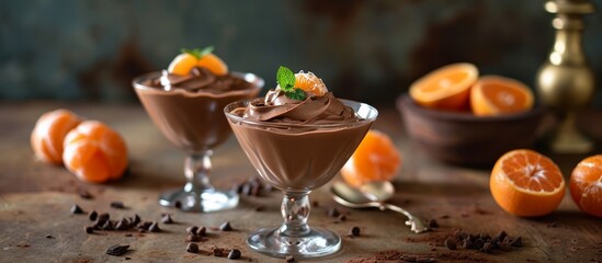 Decadent Chocolate Mousse Dessert with Tangy Tangerines Served in Elegant Glasses - obrazy, fototapety, plakaty