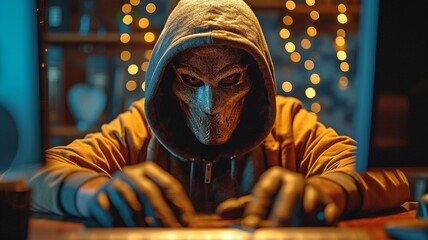 The dark web is accessed by a man wearing a mask, who uses a stolen credit card to purchase illicit services from banks and search for information.