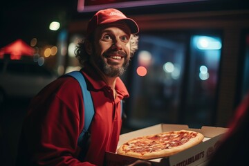 Delivery Concept: american Young happy caucasian Handsome Pizza delivery man holding pizza boxes