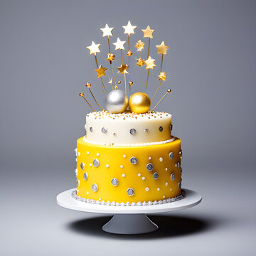 yellow wedding Cake with gem and diamonds on top, gem and diamonds decorating cake, silver ball side, worthy nice cake design with beautiful color background, high value gold cake design yellow colors