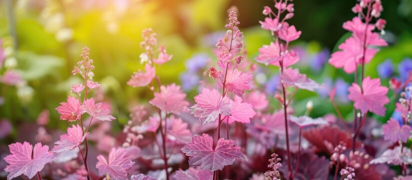 'Dane' Coral Bells (Heuchera) with pink and purple foliage and small white flowers in the garden.