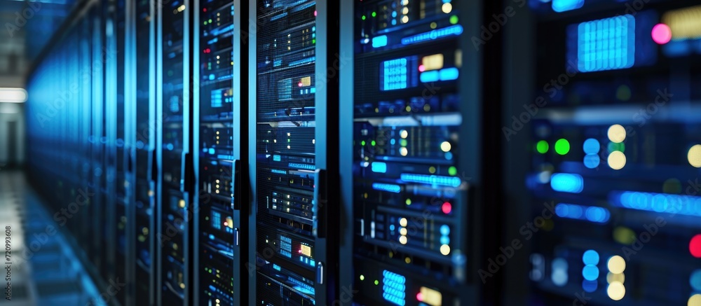 Poster focus on narrowing the depth field by closing the selected server rack cluster in a data center.