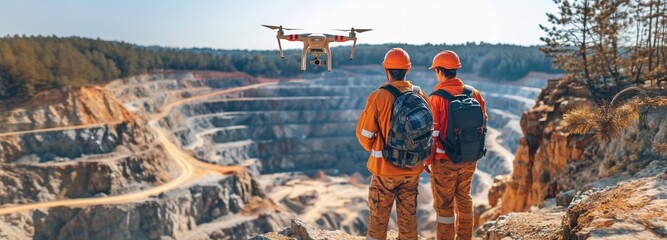 Operators of team professionals evaluating an industrial open pit mine and sand quarry. Pilot engineer's drone industrial inspection - obrazy, fototapety, plakaty