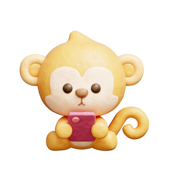 3D cute monkey watching on smartphone, Cartoon animal character, 3D rendering.