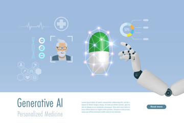 AI robot hand generate personalized medicine for senior patient. Artificial Intelligence technology for medical and pharmaceutical research. Vector.