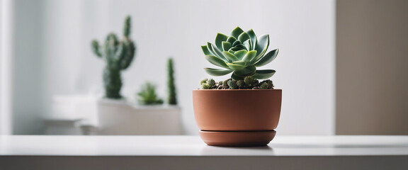 A minimalist composition with ample whitespace, featuring a single potted succulent on a clean, white desk. Emphasize the simplicity of the arrangement