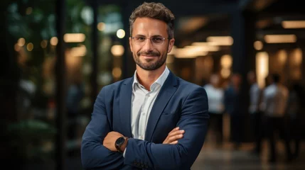 Foto op Plexiglas Portrait of a handsome businessman with crossed arms standing in a modern office Generative AI © Alex