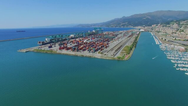 Voltri Terminal Europa and marina Castelluccio near coastal city 