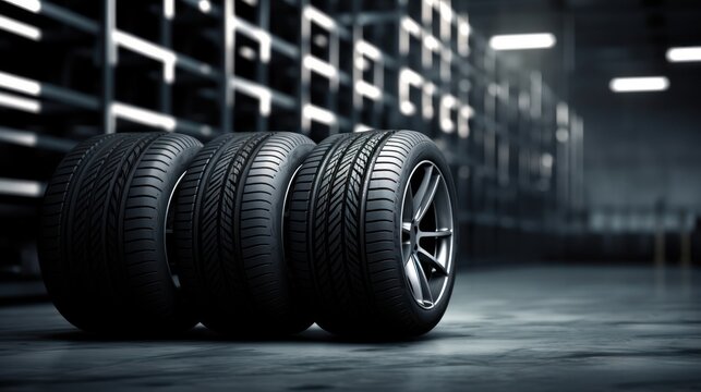 Car tires in a garage. 3D rendering. 3d illustration. Generative AI