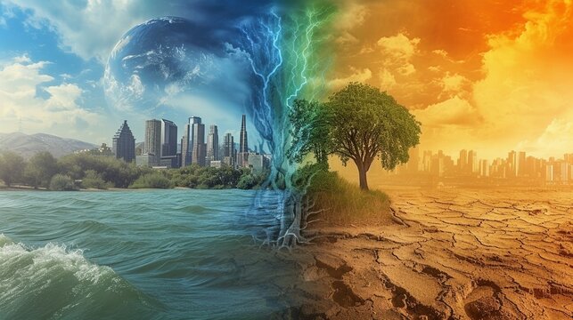 A collage of images illustrative the effects of climate change with flooding on one side and drought and heat on the other.