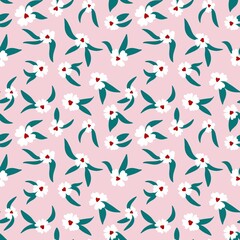 Hand drawn seamless pattern in whiteflower floral red hearts ditsy st Valentine day style. Elegant colorful love retro vintage design, victorian fabric print.