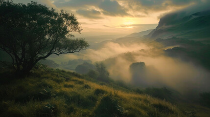 Panoramic view of epic valley landscape in a foggy sunrise morning