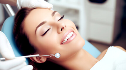 Woman in a dental chair smiles a snow-white smile.