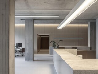 Interior design of a modern elegance office building hall with reception desk: Sophisticated welcome to contemporary workspace