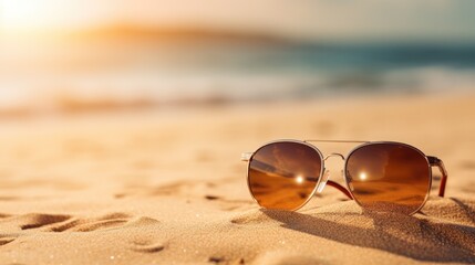 Fototapeta na wymiar Sunglasses on sandy beach in summer - vintage color styles