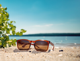 Fototapeta na wymiar Sunglasses on sandy beach in summer - vintage color styles