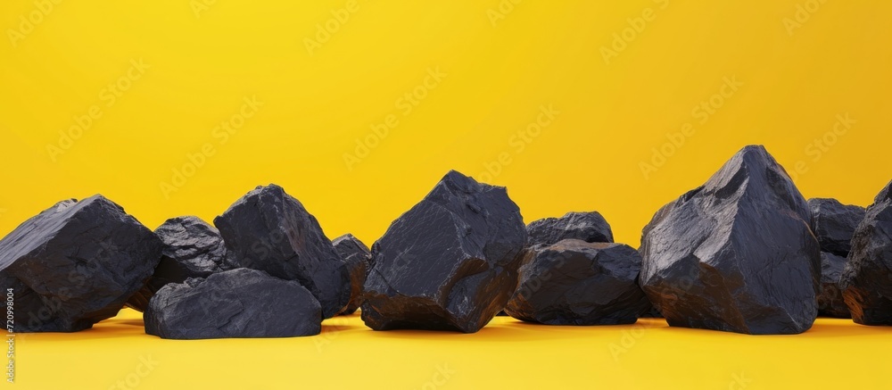 Poster 3d rendering of dark rocks on a yellow background for product displays, with empty space.