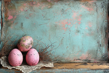 vintage old texture, basic art gesso textured page, lace around the edges, grainy, worn; colorful lace in background under the layers; easter eggs, spring theme, scene; pastel tones