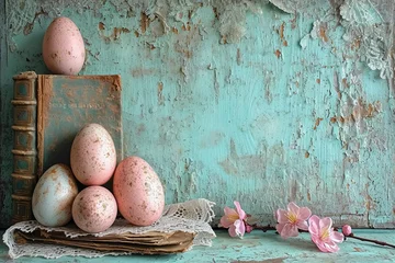  vintage old texture, basic art gesso textured page, lace around the edges, grainy, worn  colorful lace in background under the layers  easter eggs, spring theme, scene  pastel tones © 성우 양