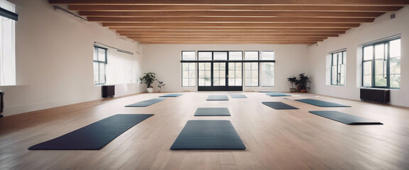 An image of a minimalist yoga studio with clean white walls, simple mats, and unobstructed floor space, creating a serene environment for practice.