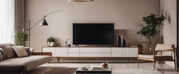 An image of a minimalist living room with a neutral color palette, clean-lined furniture, and strategically placed decor, creating a harmonious and spacious environment.