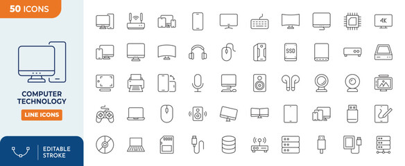 Computer technology icons set. computers, smart phone, watches, speaker, tablet, and more. Outline Icon Collection. Editable stroke. Vector illustration